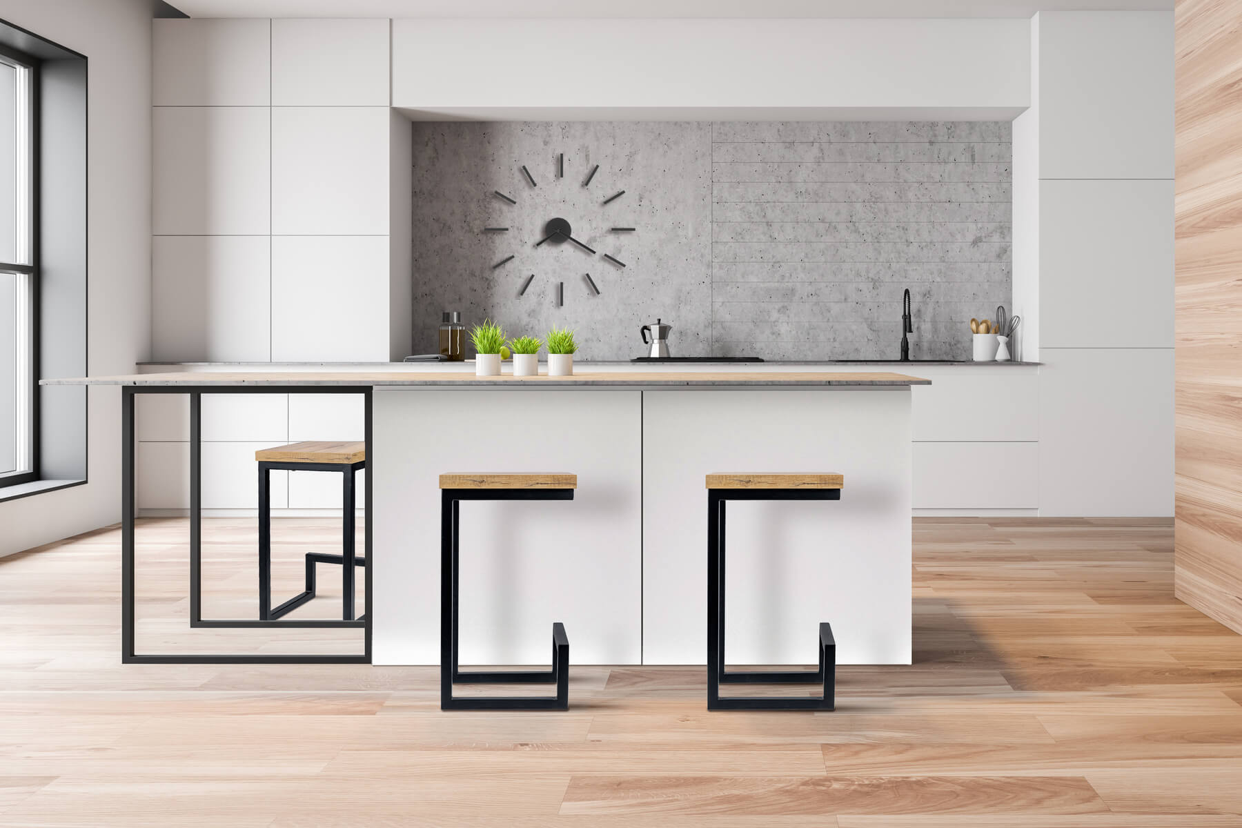 Hokery do kuchni loft industrialne drewniane bukowe - w kuchni białej ilustracja 